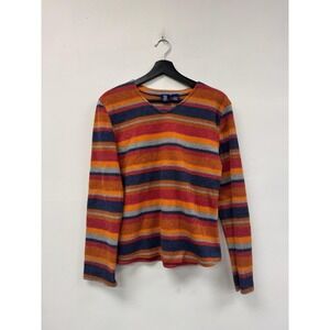VTG SO... Sweater Juniors Large Orange Stripe Fuzz Knit Long Sleeve Pullover Y2K